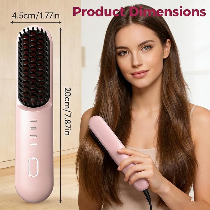 Cordless Hair Straightener Brush - Ionic Portable Straightening Comb with 3 Temp Settings 30s Fast Heating &amp Ceramic Care USB-C Rechargeable Mini Heated Brush for Short Hair &amp Travel (Pink)
