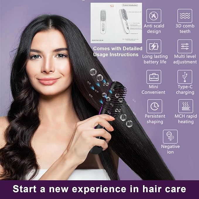 Go Brush Pro 2025 NewCordless Hair Straightener BrushPortable Straightener Comb Straightening Comb Rechargeable Go Travel Hot Combs Mini with Temperature Display for Women(Black)