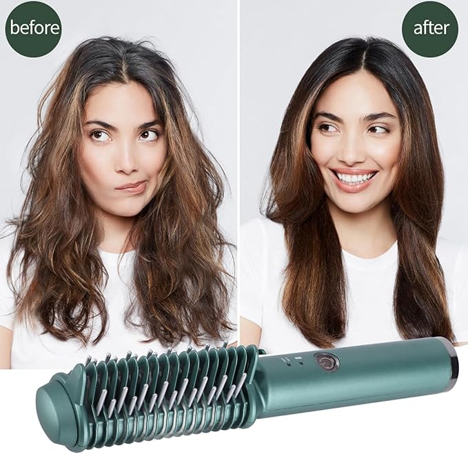 Hair Straightening Curling Brush Hair Straightener Comb Cordless Quick Heating USB Rechargeable 2-in-1 Hair Straightener and Curler for Daily Styling and Travel