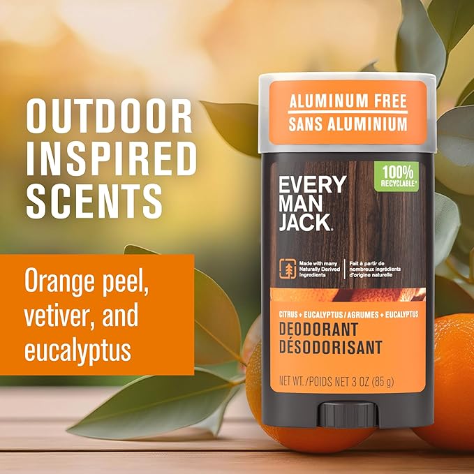 Every Man Jack Citrus + Eucalyptus Men’s Deodorant - Stay Fresh with Aluminum Free Deodorant For all Skin Types - Odor Crushing Long Lasting with Naturally Derived Ingredients - 3oz (3-Pack)