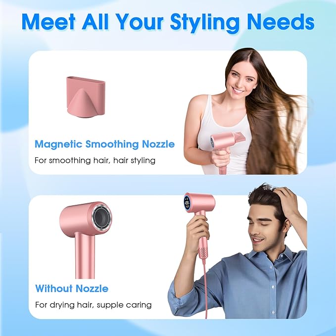 Hair Dryer 1500W High Speed 110000 RPM Blow Dryer with Plasma Tech (Positive+Negative Ionic) LCD Display 5 Modes Thermo-Control Low Noise Fast Drying Hair Dryer for Home or Travel (Rose Gold)