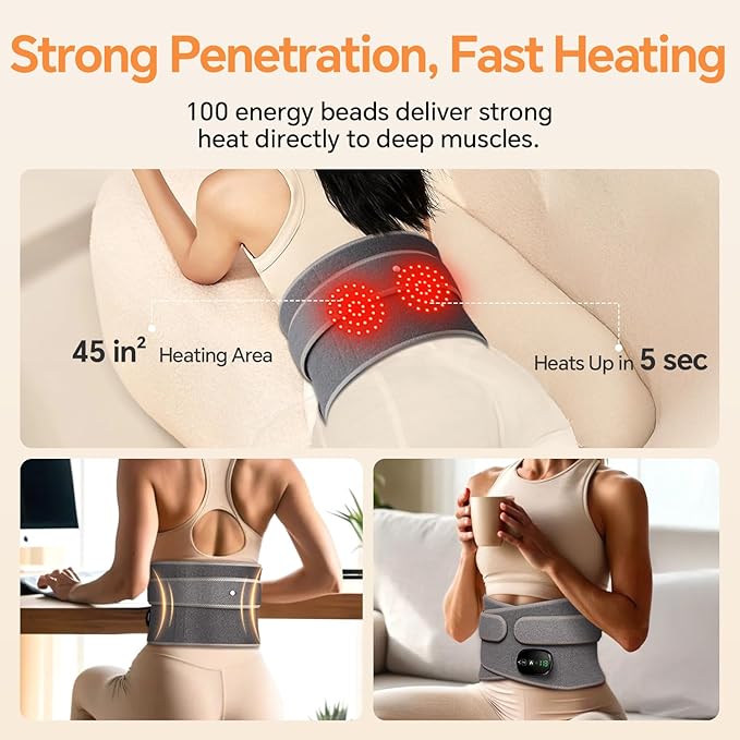 Heating Pad for Back Lumbar Massager Heated Waist Belt Wrap Lower Back Pad with Heat Vibration 3 Levels Adjustable 180 mins Battery Cordless Portable Touchscreen Control
