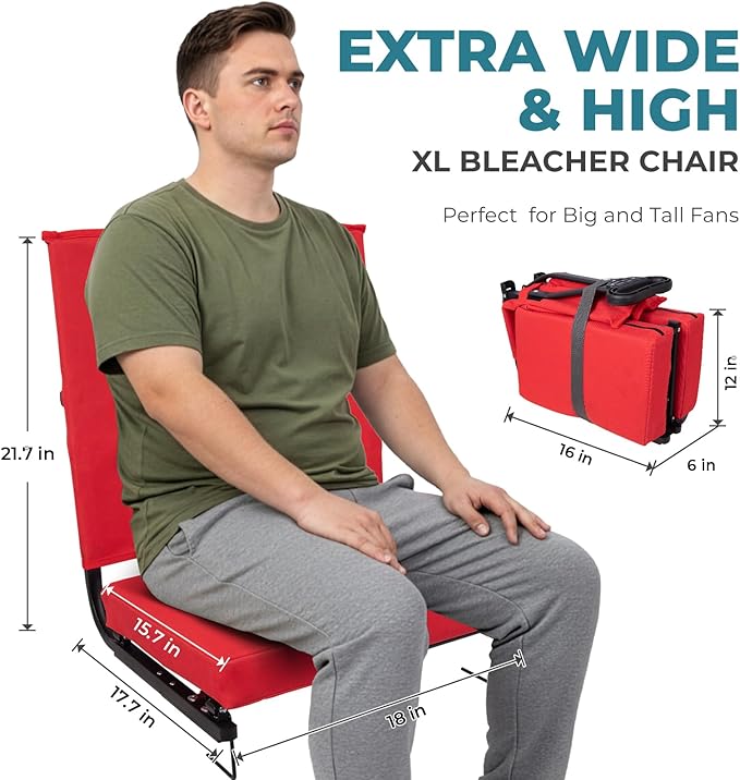 FUNDANGO Extra Wide Stadium Seats with Back Support for Adults Padded Bleacher Chairs with Back and Cushion Folding Bleacher Seats with Shoulder Strap for Football Baseball Sports