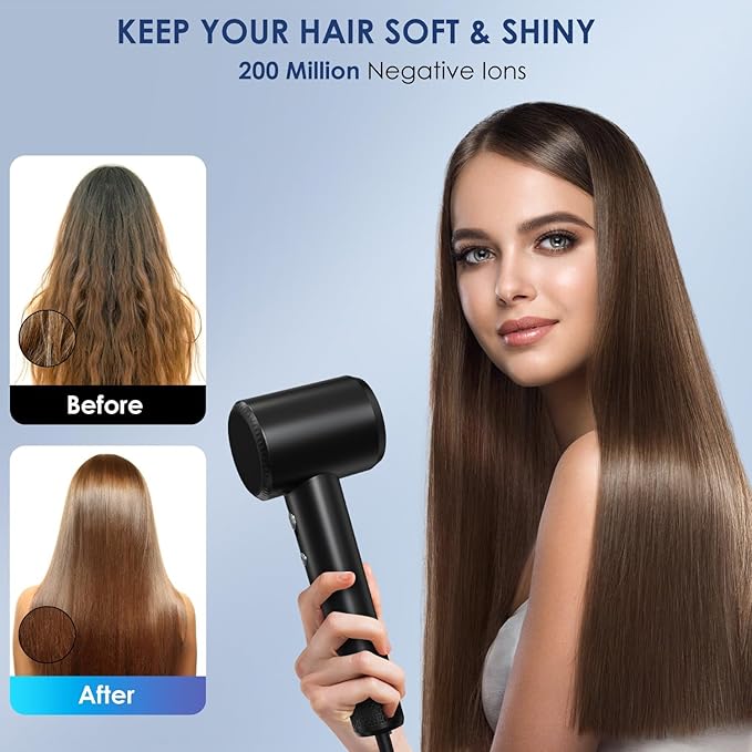 Hair Dryer - 150000 RPM High-Speed Blow Dryer with Negative Ionic Care for Fast Drying. Lightweight Low Noise Design with 4 Temps/2 Speeds and Magnetic Nozzle (Black)