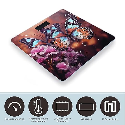 Colorful Butterflies on Flowers Smart Scale for Body Weight Accurate Bathroom Scale with LED Display Digital Weight Scales Weighing Machine High Precision Scales for Bath Home