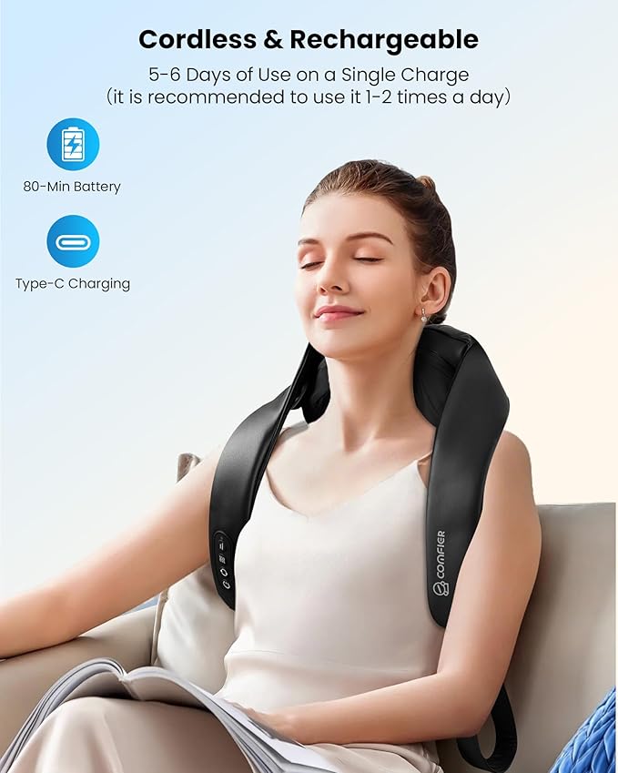 COMFIER Shiatsu Neck Massager with Heat - Cordless 4D Neck and Shoulder Massager for Pain Relief Deep Tissue Graphene Heating Trapezius Muscle Relaxer Massage Pillow Black