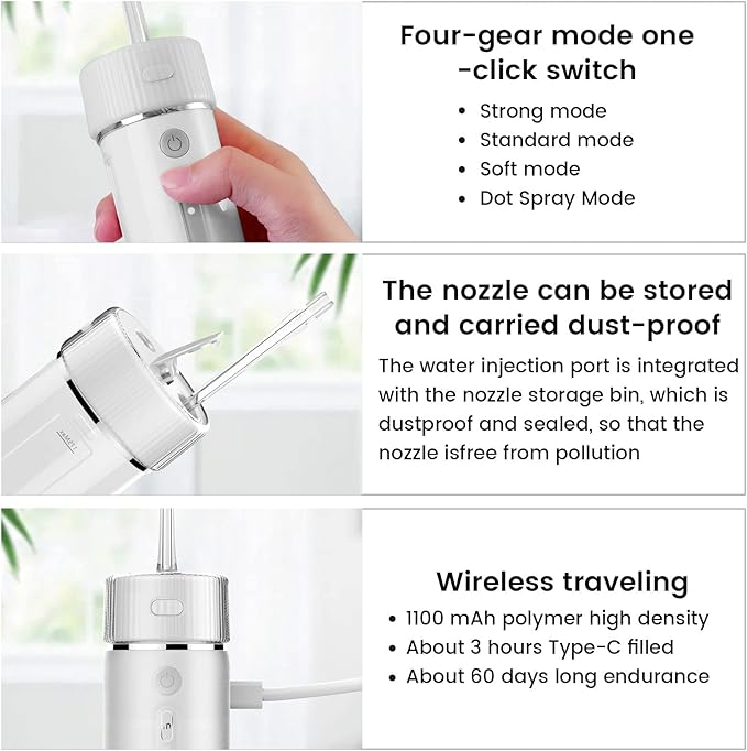 Electric Water Flosser Cordless Slide Dental Oral Irrigator with 4 Modes &amp Replaceable Jet Tips Portable Pull-Out Rechargeable Waterproof Teeth Cleaner for Home Travel (White)