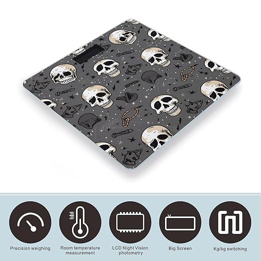 Skull and Lightning Scale for Body Weight Anti-Slip Tempered Glass Digital Bathroom Scales Clear LCD Display Weighing Scale Safe Rounded Corners Smart Scales