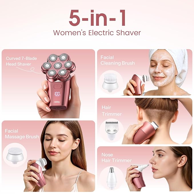 Electric Razors for Women Legs: 5-in-1 Rechargeable Body Shaver 7D Wet &amp Dry Body Trimmer IPX7 Waterproof Lady Hair Remover for Face Underarms Pubic Light Pink