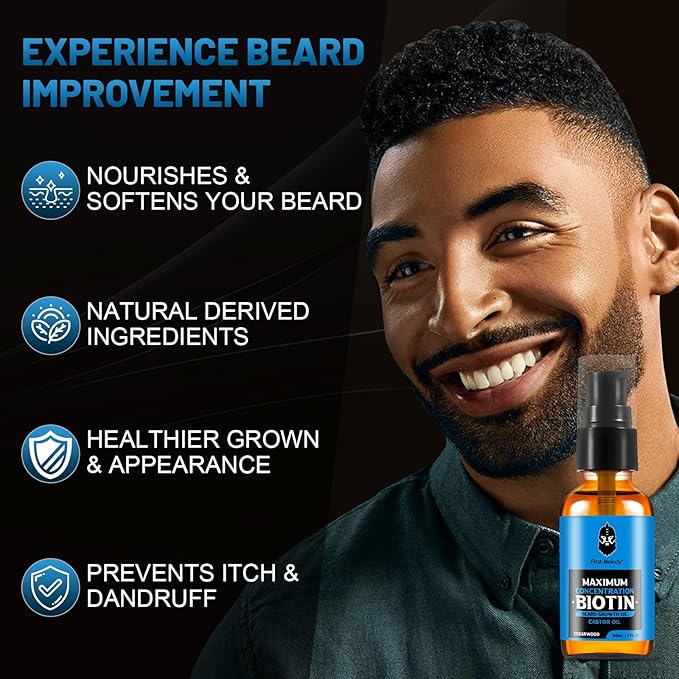 Beard OilMaximun Thickening Biotin with Castor Oil and Argan &amp Jojoba Oils Promotes Beard Growth Styles Strengthens &amp Softens Beards &amp Mustaches1 Ounce*2（2 Pack）