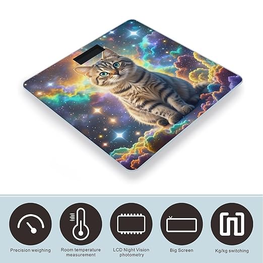 Cat Sitting Inside Nebula Bathroom Scale for Body Weight Bathroom Weighing Scales with Back Lit LED Display Sturdy Tempered Glass Body Weight Bathroom Scale 400lb Weighing