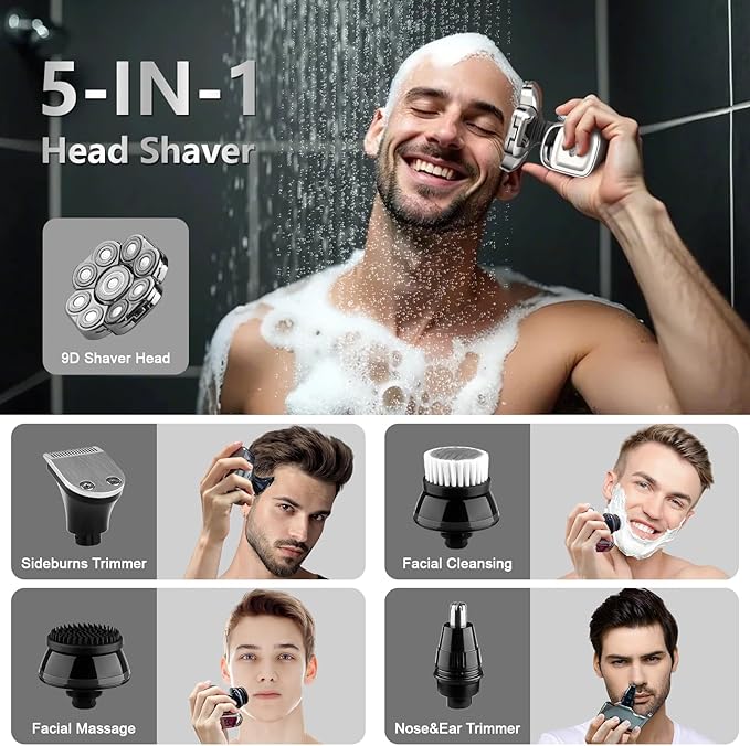 9D Bald Head Shaver for Bald Men 5-in-1 Electric Razor for Men Cordless Rechargeable &amp Waterproof Head Shaver for Wet/Dry Shave with Nose Hair Trimmer Massager LED Display