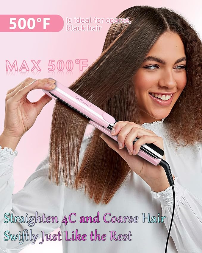 DORISILK 500 Degree High Temp Professional Hair Straightener30s Fast Heating Ceramic Flat Iron 2 in 1 Hair Straightener and CurlerPlasma Flat Iron Get Frizz-Free and Shiny(Pink)