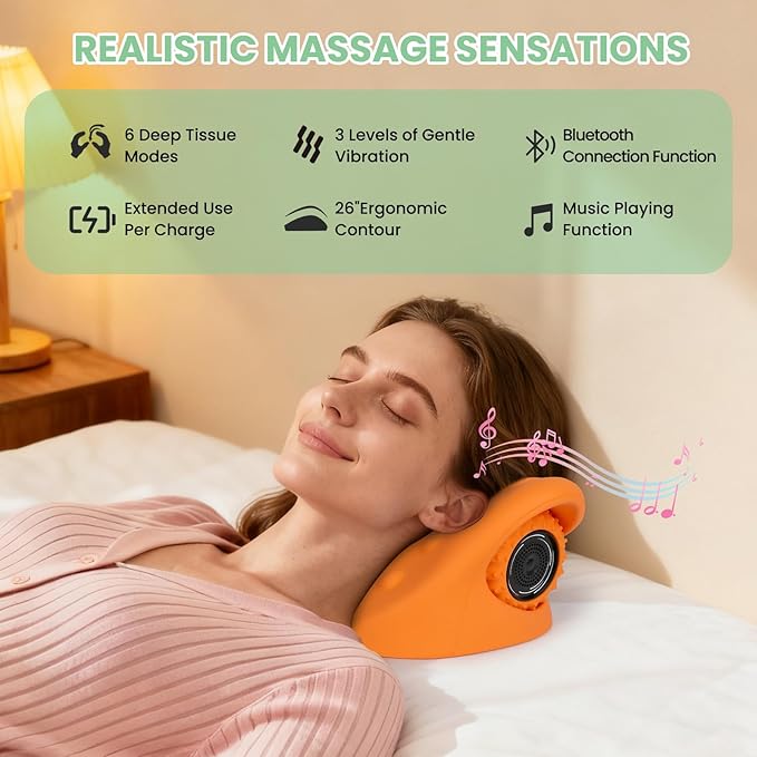 Multifunctional Massage Pillow with Detachable Rollers Neck and Cervical Spine Corrector Portable Electric Massage Headrest with Bluetooth Music Support 6 Vibration Intensity Settings
