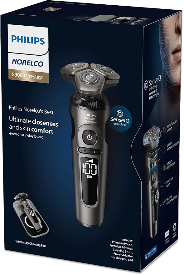 Philips Norelco S9000 Prestige Electric Shaver with Qi-Charger Precision Trimmer and Premium Case SP9872/86