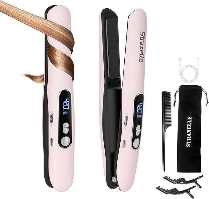 Mini Cordless Hair Straightener and Curler 2 in 1 Mini Portable Flat Iron Adjustable 350°F-420°F Travel Hair Straighteners LED Display/5000mAh Ceramic Flat Iron Hair Straightener for Women Men(Pink)