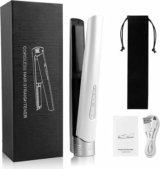 Hair Straightener and Curler 2 in 1 Rechargeable Battery Operated Hair Straightener 4800mAhMini Size Easy CarryTitanium Plate Straightener Curling Iron (White)