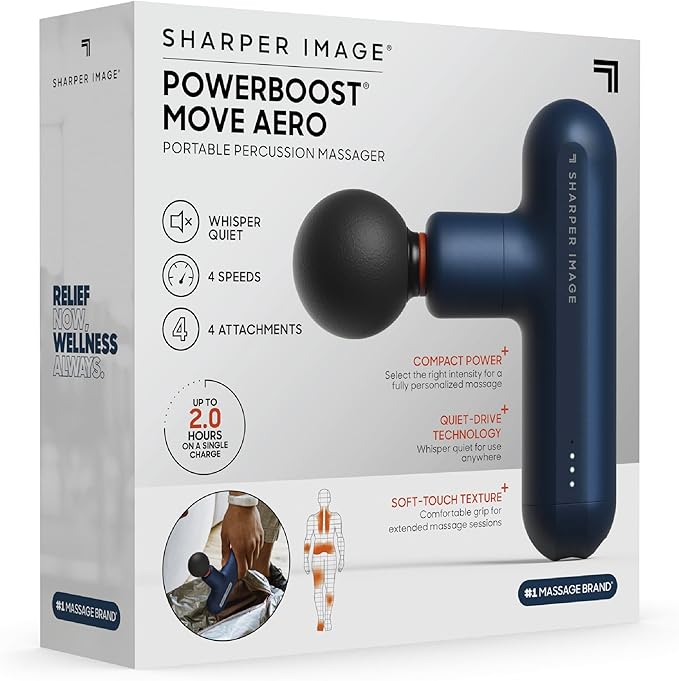Sharper Image Powerboost Move Aero [New 2026 Version] Mini Deep Tissue Percussion Massage Gun| Muscle Recovery &amp Pain Relief Massage Tool| Full Body Back &amp Shoulder Massager| Travel Gift for M