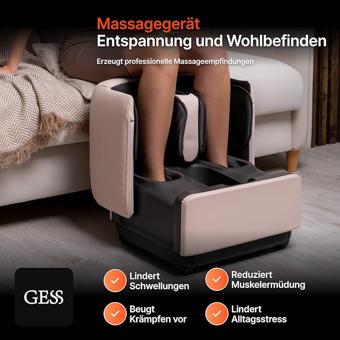 GESS PUF 3-in-1 Foot &amp Calf Massager Electric with Heat &amp Shiatsu Air Compression Timer - Massager for Blood Circulation &amp Relaxation at Home Beige