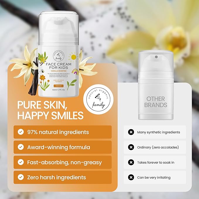 Kids Face Cream - Gentle and Calming Moisturizer Lotion for Sensitive Skin Natural Hydration and Spot Control with Shea Butter Tea Tree Hyaluronic Acid Vitamin E - Made in UK - Vanilla Scented
