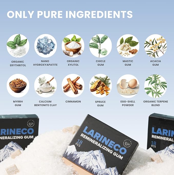 Larineco Remineralizing Gum with Nano Hydroxyapatite &amp Xylitol – Sugar-Free Xylitol Gum – Plastic-Free Dye-Free Aspartame-Free – Natural Base – 36 Pieces Mastic Mint