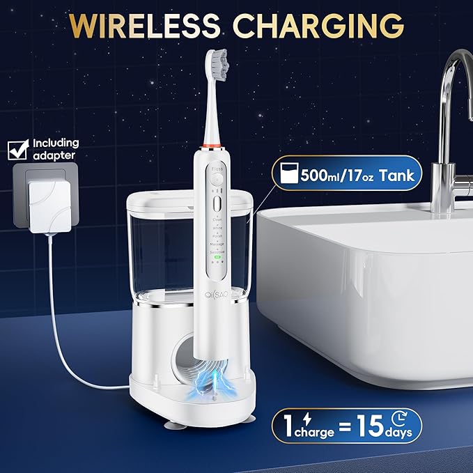 Electric Toothbrush with Water Flosser Combo in One Professional Flossing Toothbrush for Teeth Cleaning and Flossing Plaque Removal Rechargeable5 Brush Modes &amp 3 Flossing Speeds500MLWhite