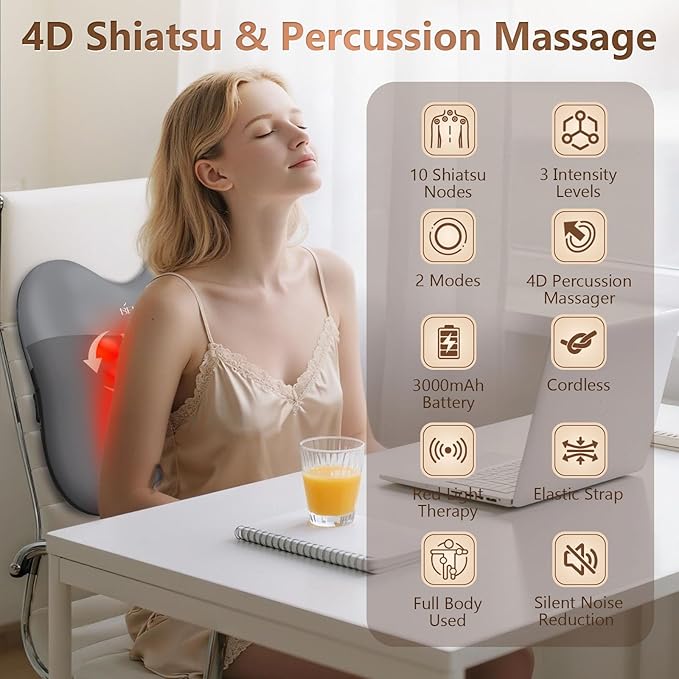 belhope Back Massager with Heat Cordless Back Massage for Pain Relief Deep Tissue 4D Shiatsu and Percussion Massage Lower Back Massager for Office Chair Mother's Day Gifts for Women Men Grey