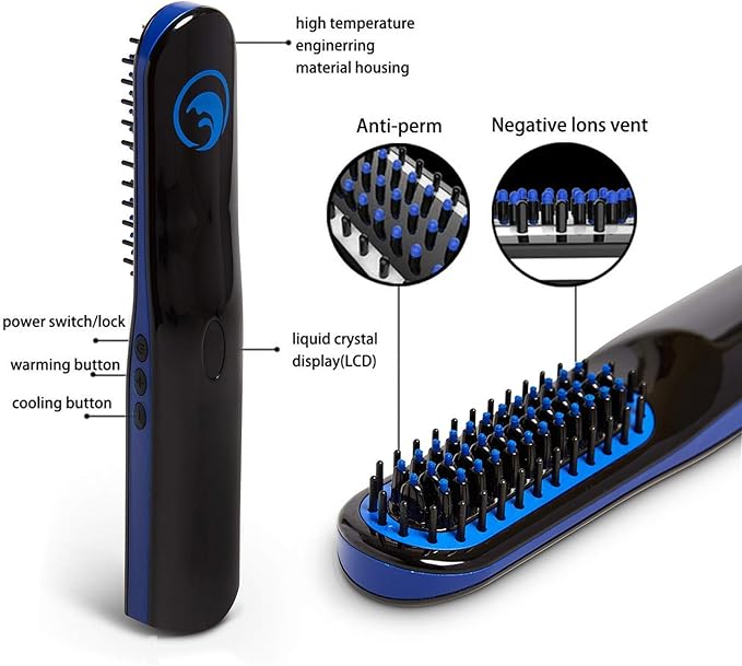 Beard Straightener New Improved Charging Cable(USB C) Cordless Beard and Hair Straightening Comb Rechargeable Portable and Durable. Beard comb for men Grooming Accessory for Men (Black and Blue)