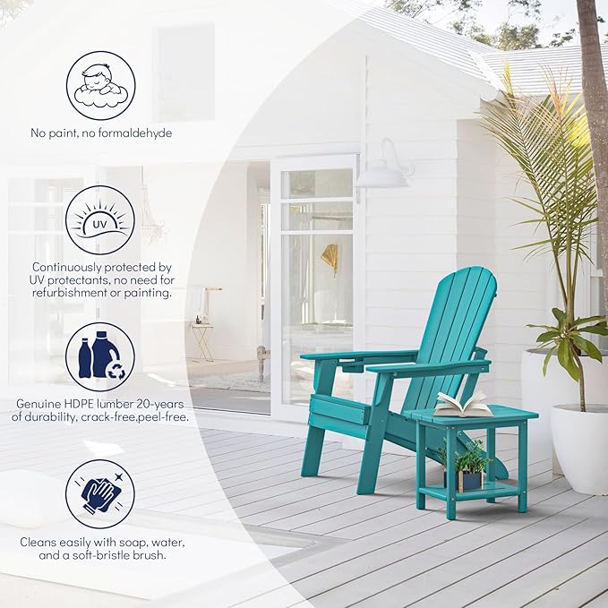 Plawdlik Folding Adirondack Chair Set of 6 with Cup HolderWooden Textured Heavy All-Weather HDPE Comfortable Set Poolside Backyard Lawn Aruba Blue