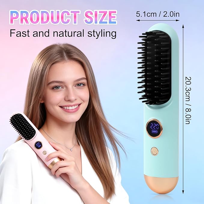 2026 Hair Straightener Brush Cordless Hair Straightener Brush for Short Hair Mini Portable Travel Straightening Hair Comb Brush with 9 Temps Fast Heating for Women All Hair Types (Pink)