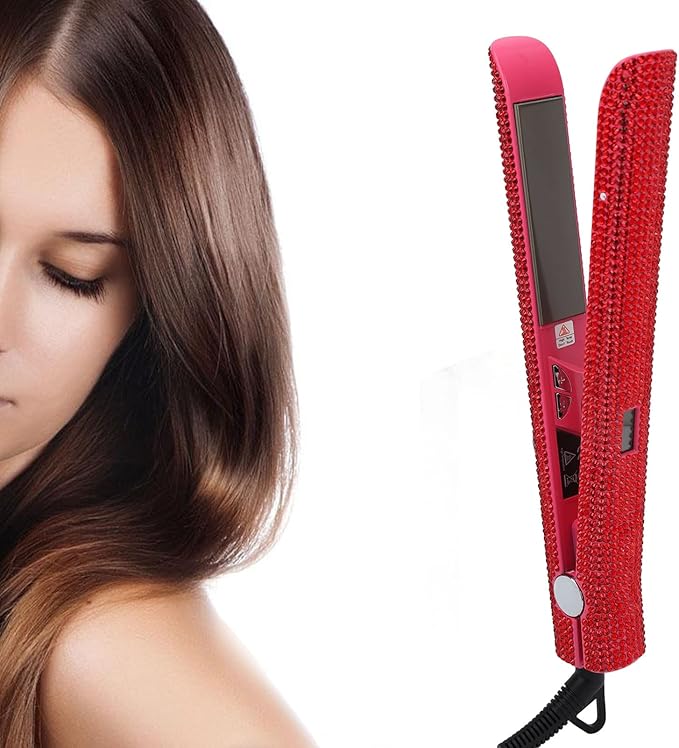 Hair Straightener and CurlerProfessional Red Hair Straightener Curler Straightening Curling 2 in 1 Design Rhinestone Flat Iron Automatically Shut Down Temperature Adjustable