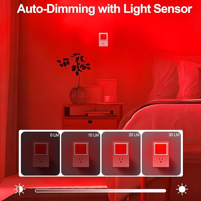 670nm Red Light Night Light for Sleep[6 Pack]- Zero Blue Light Dimmable &amp Energy Efficient 0.3W Night Light Plug into Wall with Dusk-to-Dawn Sensor for Nursery Bedroom Bathroom