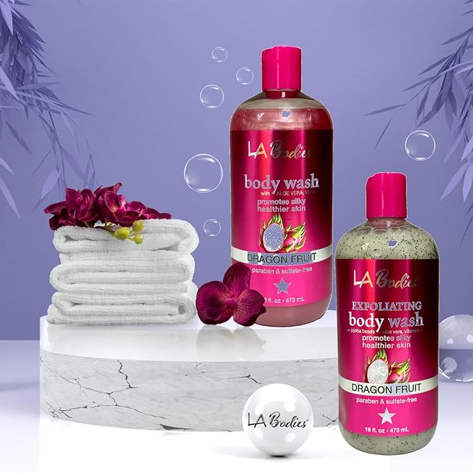 Exfoliating Body Wash with Jojoba Beads Aloe Vera and Vitamin A E - Paraben &amp Sulfate Free - Arabian Jasmine Dragon Fruit - 16 oz 2 Pack
