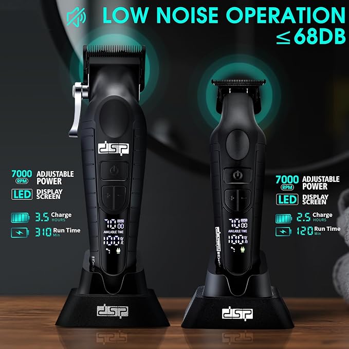 DSP Professional Hair Clippers Set for Men Cordless Barber Clipper Beard Trimmer DLC USB Rechargeable Speeds Adjustable Travel Lock Low Noise with Charging Base