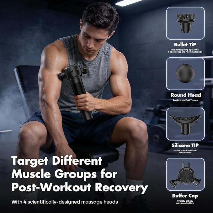 Deep Tissue Massage Gun with Heating 7000 RPM Handheld Vibrating Muscle Massager with 4 Speeds &amp 3 Heads Ideal Gift for Family &amp Sports Enthusiasts