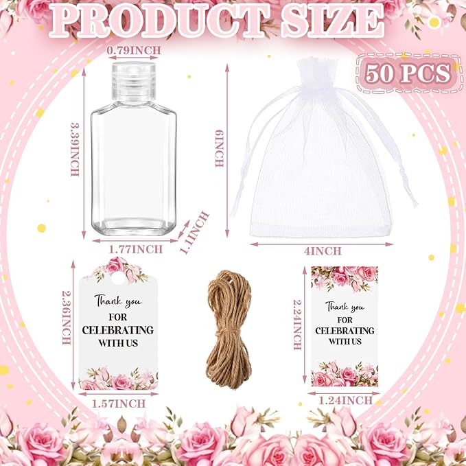 50 Sets Mini Hand Sanitizer Bottles Bulk 2oz Empty Christmas Hand Sanitizer Travel Size Wedding Favors for Guests with Organza Bags Thank You Tags for Woman Employees(FlowerPink)