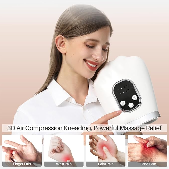 Hand Massager with Heat and Compression 3 Massage 4 Temperatures 5 Compression Models Finger Wrist and Palm Massager Ideal Gifts for Women/Men (White)