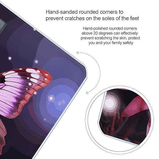 Pink Flower Purple Butterfly Scale for Body Weight Anti-Slip Digital Bathroom Scale Sturdy Toughened Glass Weighing Scales High Precision Safe Rounded Corners Smart Scales