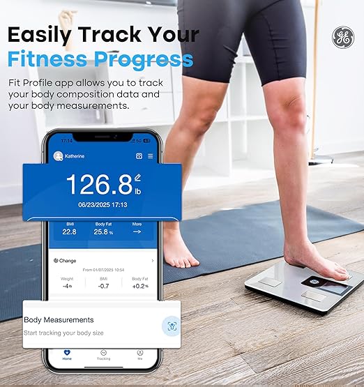 GE Smart Scale for Body Weight BMI Fat Muscle Mass with 14 Body Composition Metrics &amp All-in-one LCD Display Digital Bathroom Weight Monitor Bluetooth with App Accurate Weighing Machine 400lb Wh