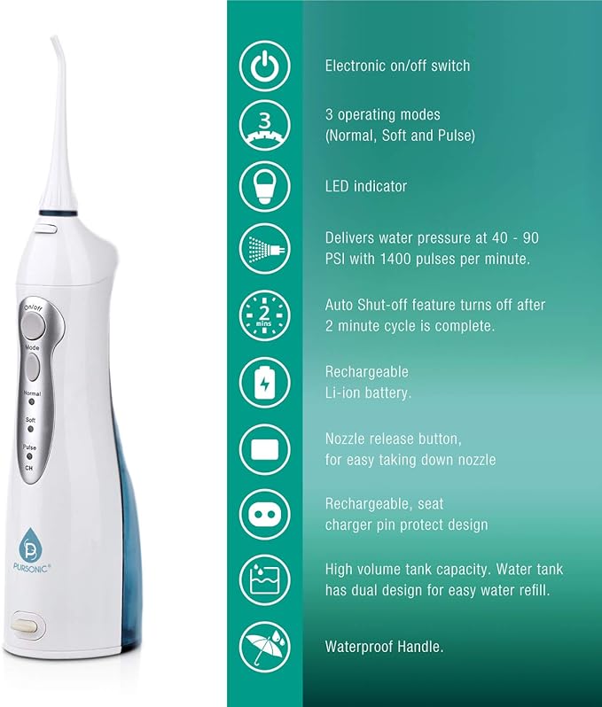 Pursonic USB Rechargeable Oral Irrigator Water Flosser Helps Remove Plaque And Dilute Harmful Toxins.