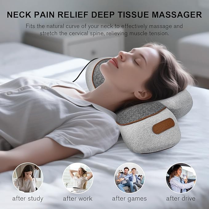 3-in-1 Neck Massager Pillow with Heat &amp Traction - Deep Tissue Relief &amp Hump Support for Neck and Shoulder Relaxation