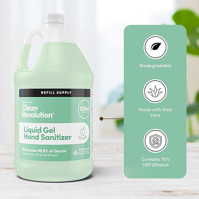 Clean Revolution Liquid Gel Hand Sanitizer 128 Fl. Oz Refill Supply Container| Eliminates 99.9% of Germs | Gentle &amp Aloe Enriched | 70% USP Medical Grade Ethanol Medical Facility Compliant