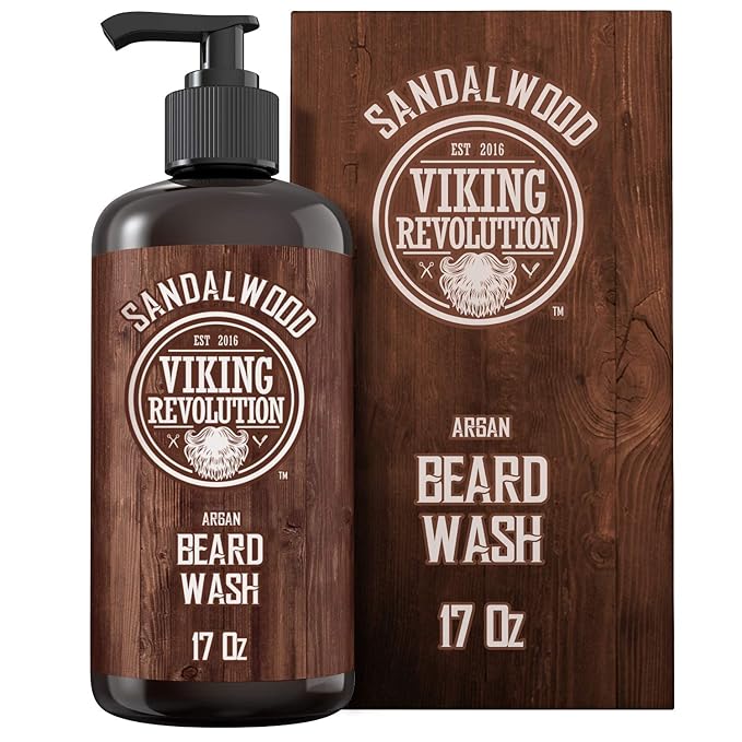Viking Revolution Beard Wash Shampoo w/Argan &amp Jojoba Oils - Softens &amp Strengthens - Sandalwood Scent - 17 oz Shampoo