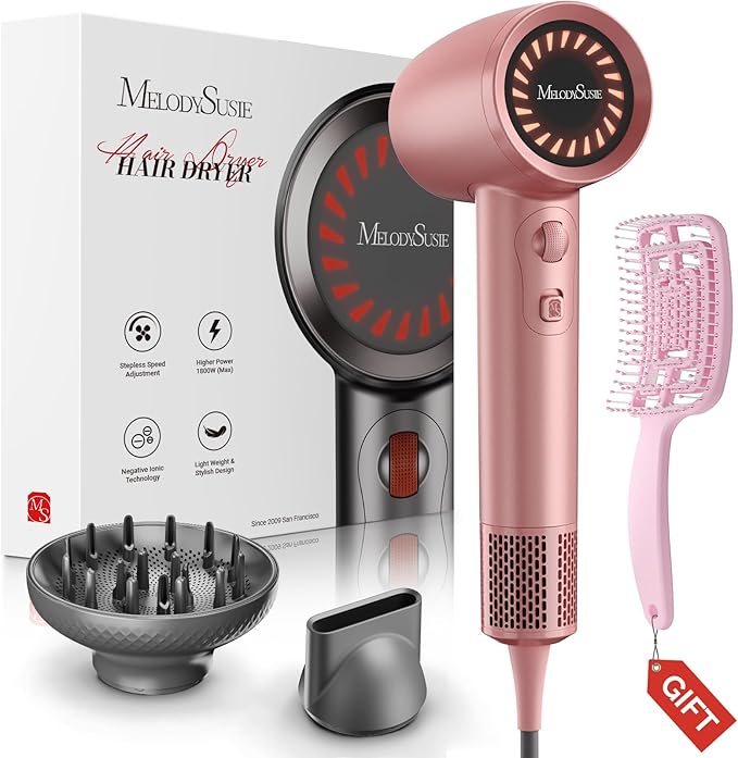 MelodySusie Compact Hair Dryer Kit for Women120000RPM 1600W High Speed Fast Drying Blow Dryer Gift Kit with DiffuserHair Brush