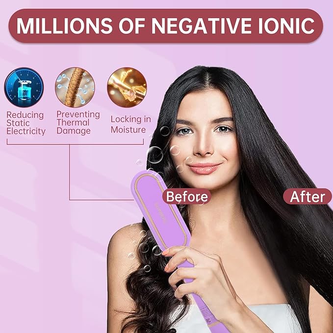 Negative Ionic Hair Straightener Brush with 9 Temp Settings 30s Fast Heating Hair Straightening Comb with LED Display Anti-Scald &amp Auto-Shut Off Hair Brush Straightener for Women (Purple)