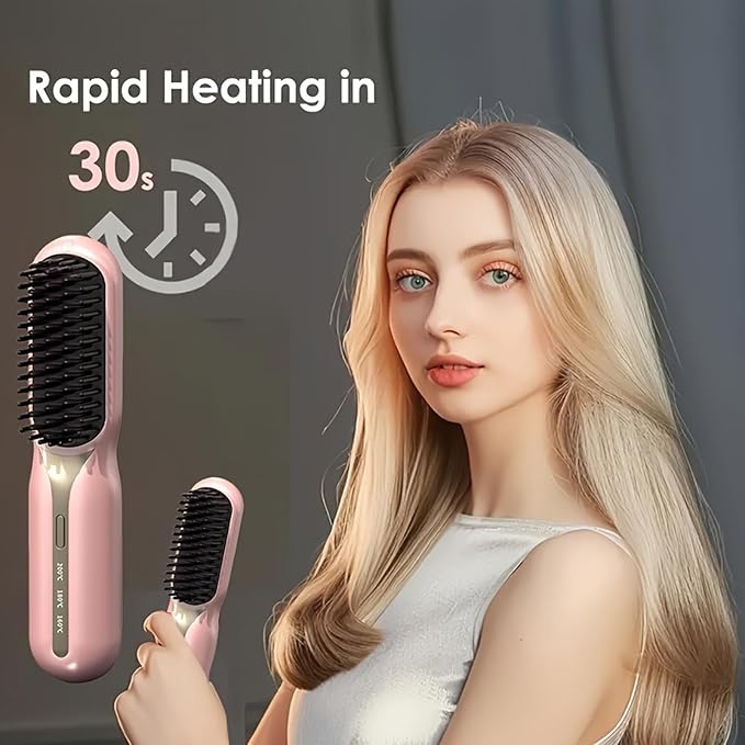 Cordless Hair Straightener and Curler 2-in-1 Plasma Technique Portable Ceramic Hair Straightening Brush 3 Temp Settings Fast Heating Mini Straightening Brush Travel/Business Gift for Women