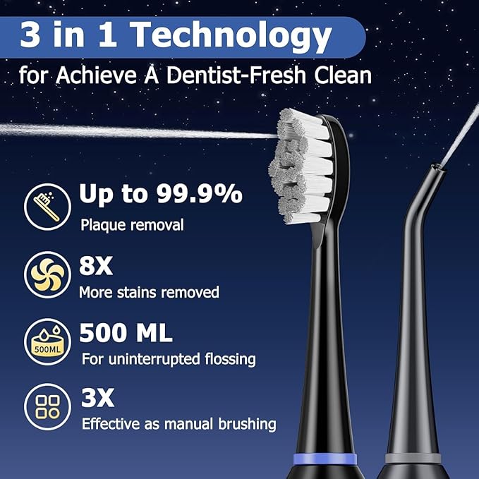 Electric Toothbrush with Water Flosser Upgraded 2.0 Electric Toothbrush for Adults 5 Floss Speeds &amp 3 Modes with 3 Brush + 1 Nozzle 500ML Tank IPX7 Waterproof for Braces &amp Gum Care (Black