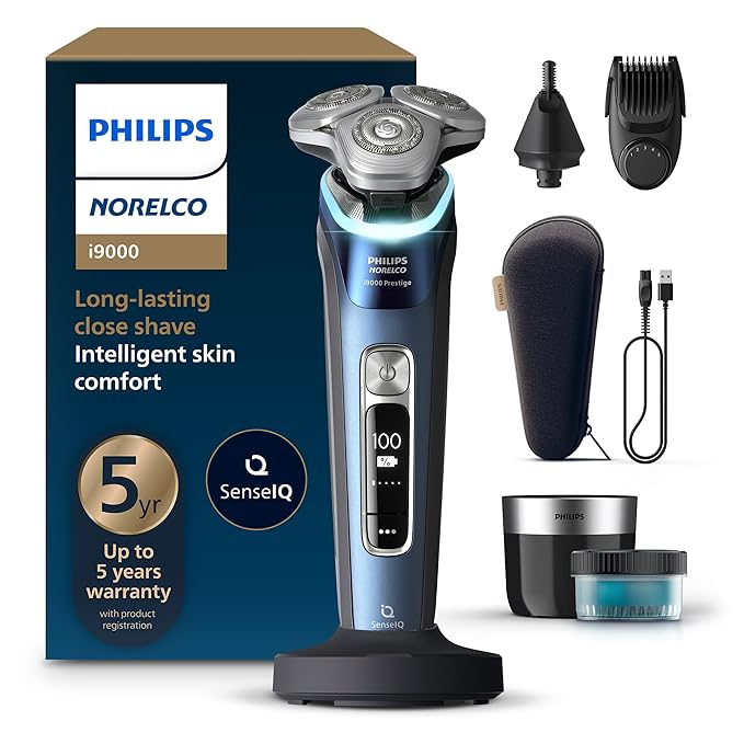 Philips Norelco Shaver i9000 Prestige Wet &amp Dry Electric Shaver Mystic Aqua SenseIQ Technology Triple Lift &amp Cut System 360 Rotating Dual SteelPrecision Blades Nose Trimmer XP9201/88