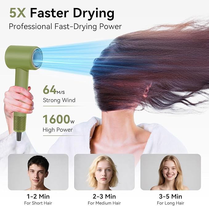 Dries Hair Quickly 500 Million Ion Hair Dryer Low Noise 160000 RPM Professional High Speed Fast Drying Lightweight Blow Dryer with Thermo-ControlGifts for Women for Home and Travel Green
