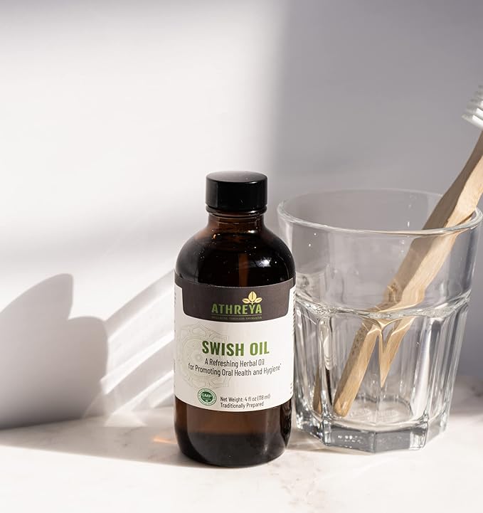 Athreya Herbs Swish Oil | 8 Oz | For Healthy Teeth &amp Gums | Promotes Oral Health | With The Goodness Of Clove &amp Nutmeg Essential Oils | For Fresh Breath | Moisturizes The Mouth | Vegan Non-GM